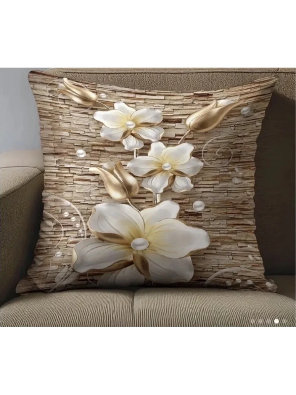 Neutral Beige Floral Accent Pillow Covers with Gold Petals - Set of 2